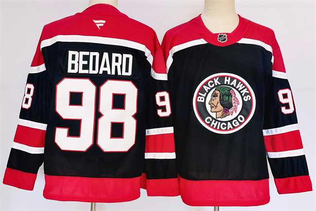 Mens Chicago Blackhawks #98 Connor Bedard Black 2024-25 Stitched Hockey Jersey->chicago blackhawks->NHL Jersey